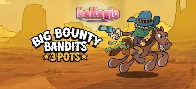 Tampilan visual slot Big Bounty Bandits: 3 Pots dengan latar belakang Wild West kartun
